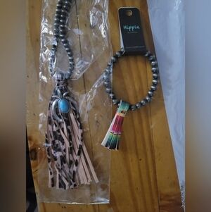 2 pc Faux Navajo Pearl Beads Stretch Bracelet necklace For Women leather NEW